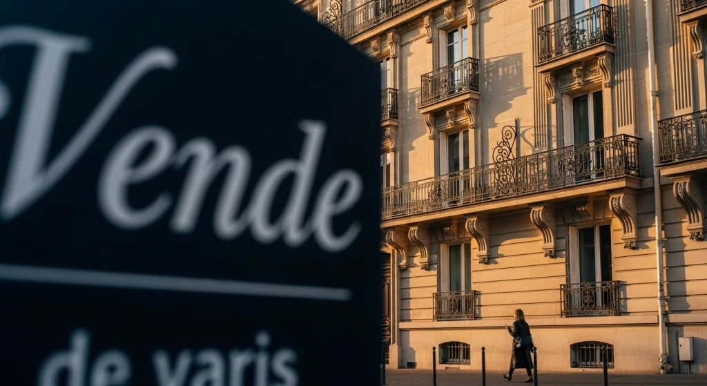 Panneau de vente flou au premier plan devant une façade haussmannienne à balcons en fer forgé, au soleil couchant