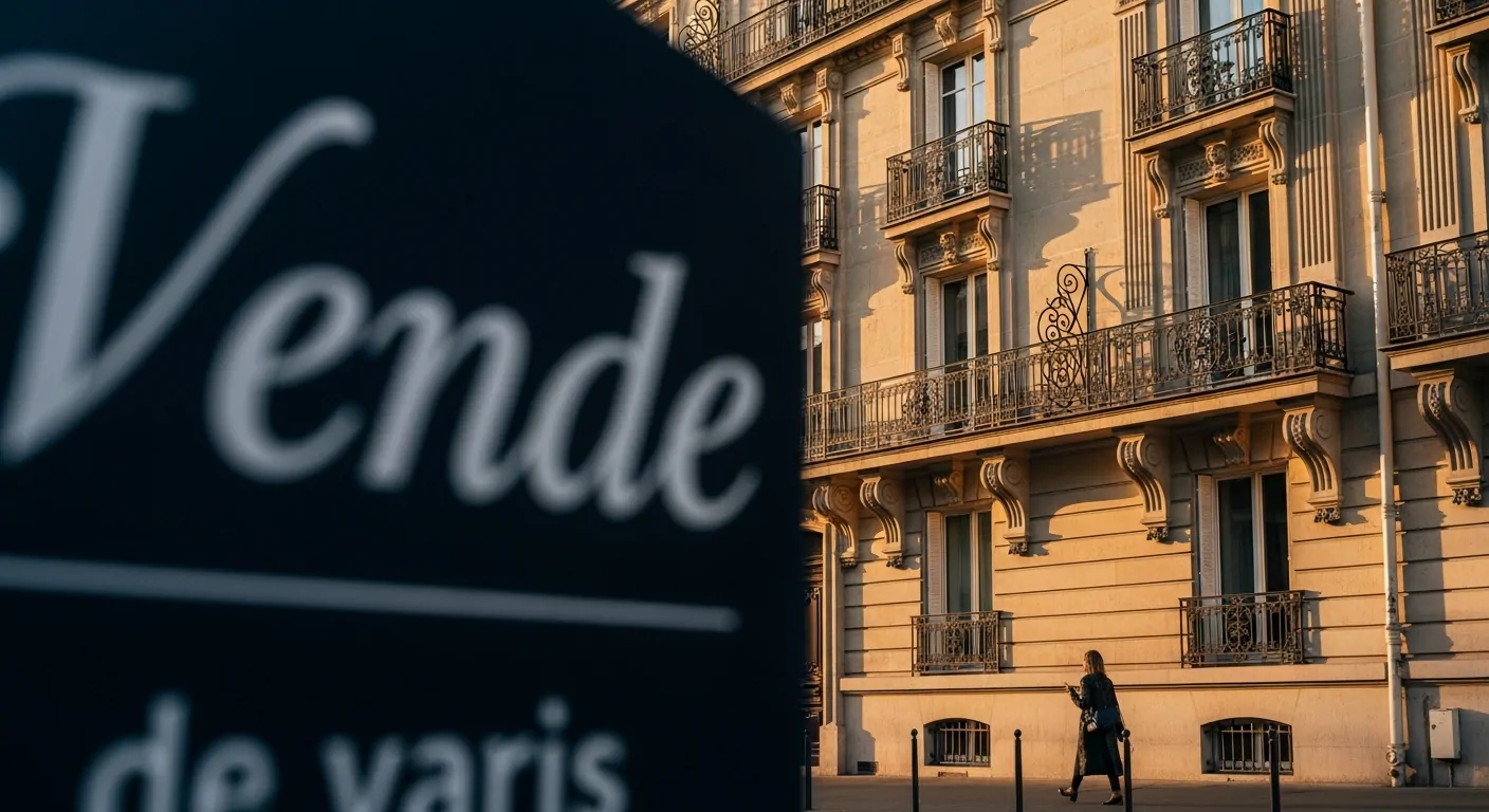 Panneau de vente flou au premier plan devant une façade haussmannienne à balcons en fer forgé, au soleil couchant