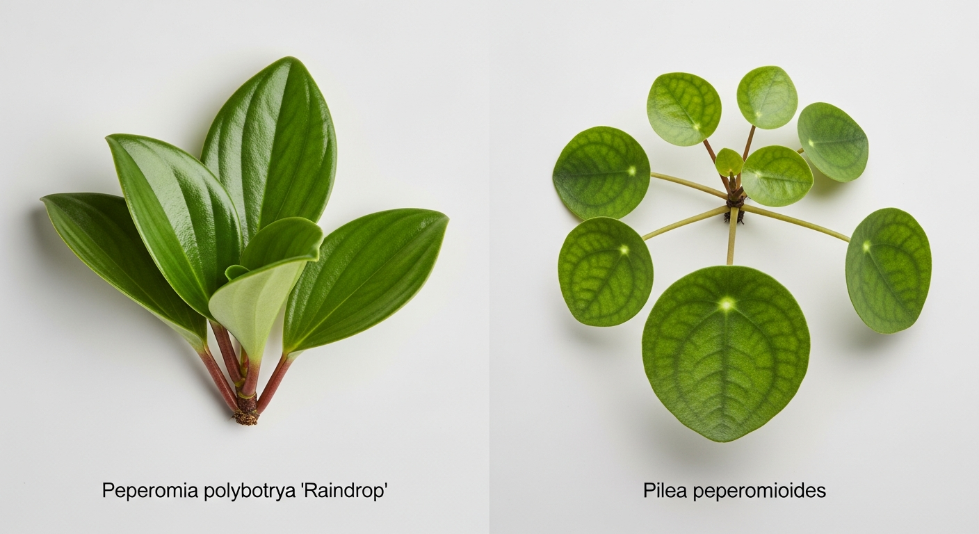 Comparaison visuelle Peperomia Raindrop vs Pilea peperomioides feuilles