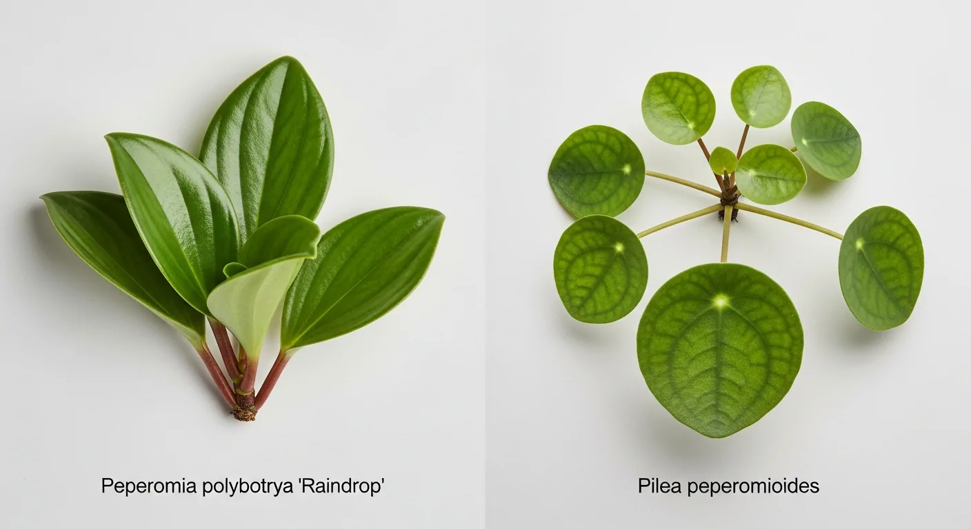 Tige de Peperomia polybotrya Raindrop aux feuilles en goutte à côté d'un Pilea peperomioides aux feuilles rondes