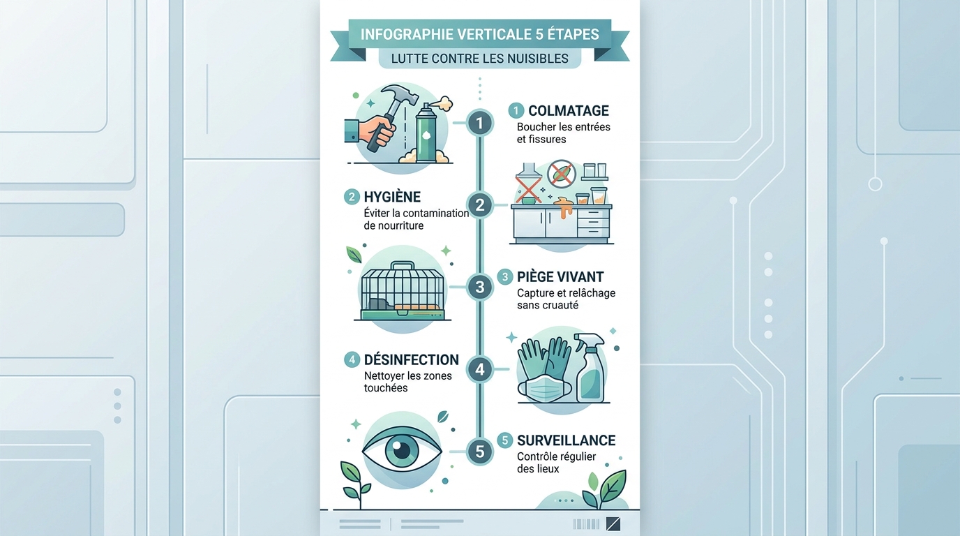 Infographie protocole 5 étapes : colmater, nettoyer, piéger, désinfecter, surveiller