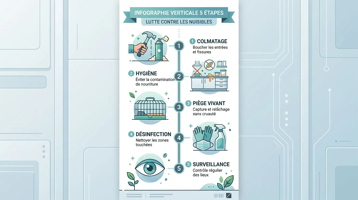 Infographie verticale en 5 étapes contre les nuisibles : colmatage, hygiène, piège vivant, désinfection et surveillance