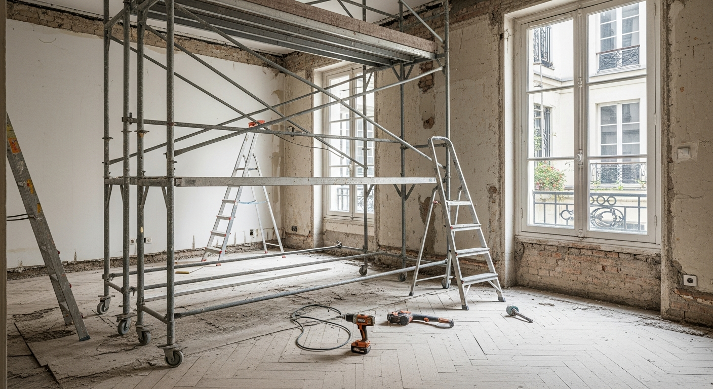 Appartement parisien en cours de rénovation avec échafaudage et outils