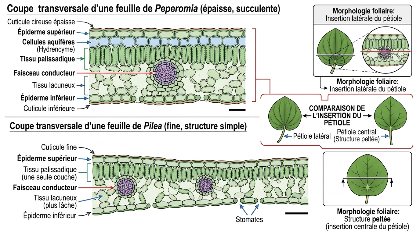 Schéma anatomique comparaison épaisseur feuille Peperomia et Pilea