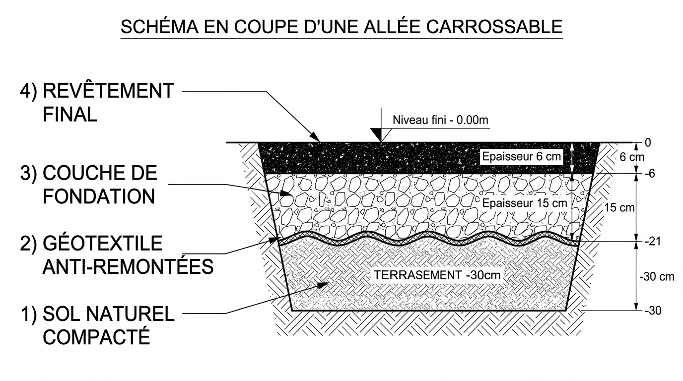 Schéma technique des couches de préparation terrain allée enrobée