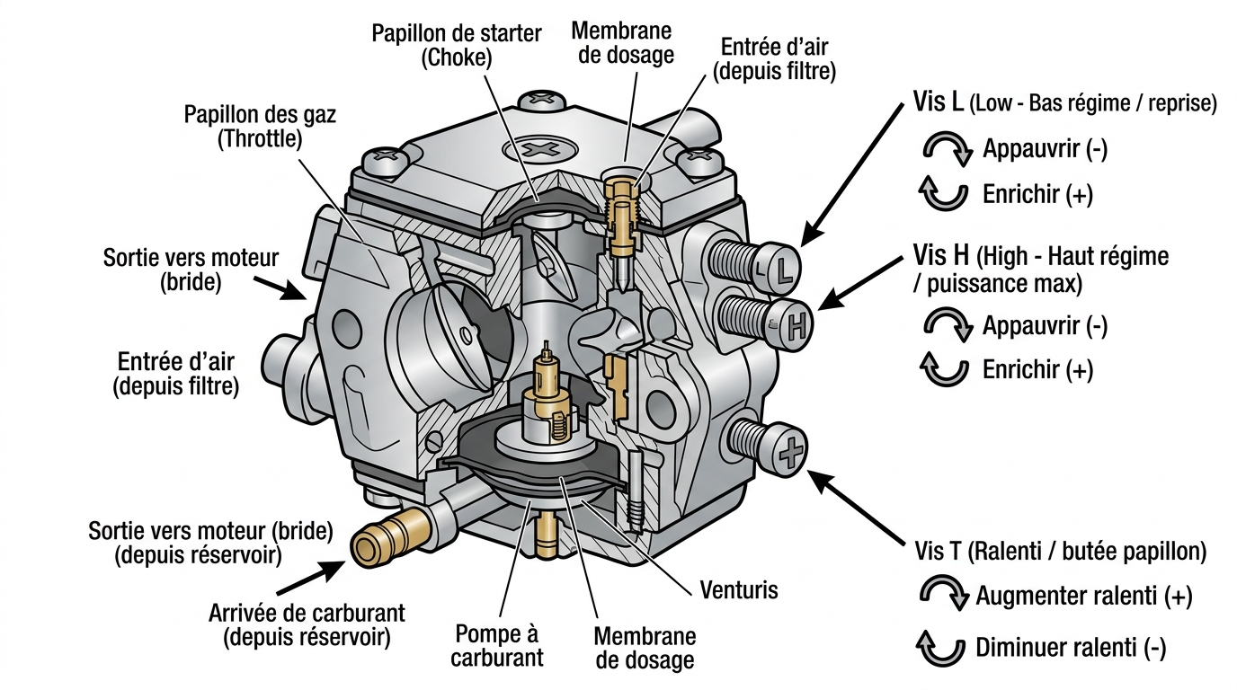 Schéma carburateur tronçonneuse vis L H T réglage