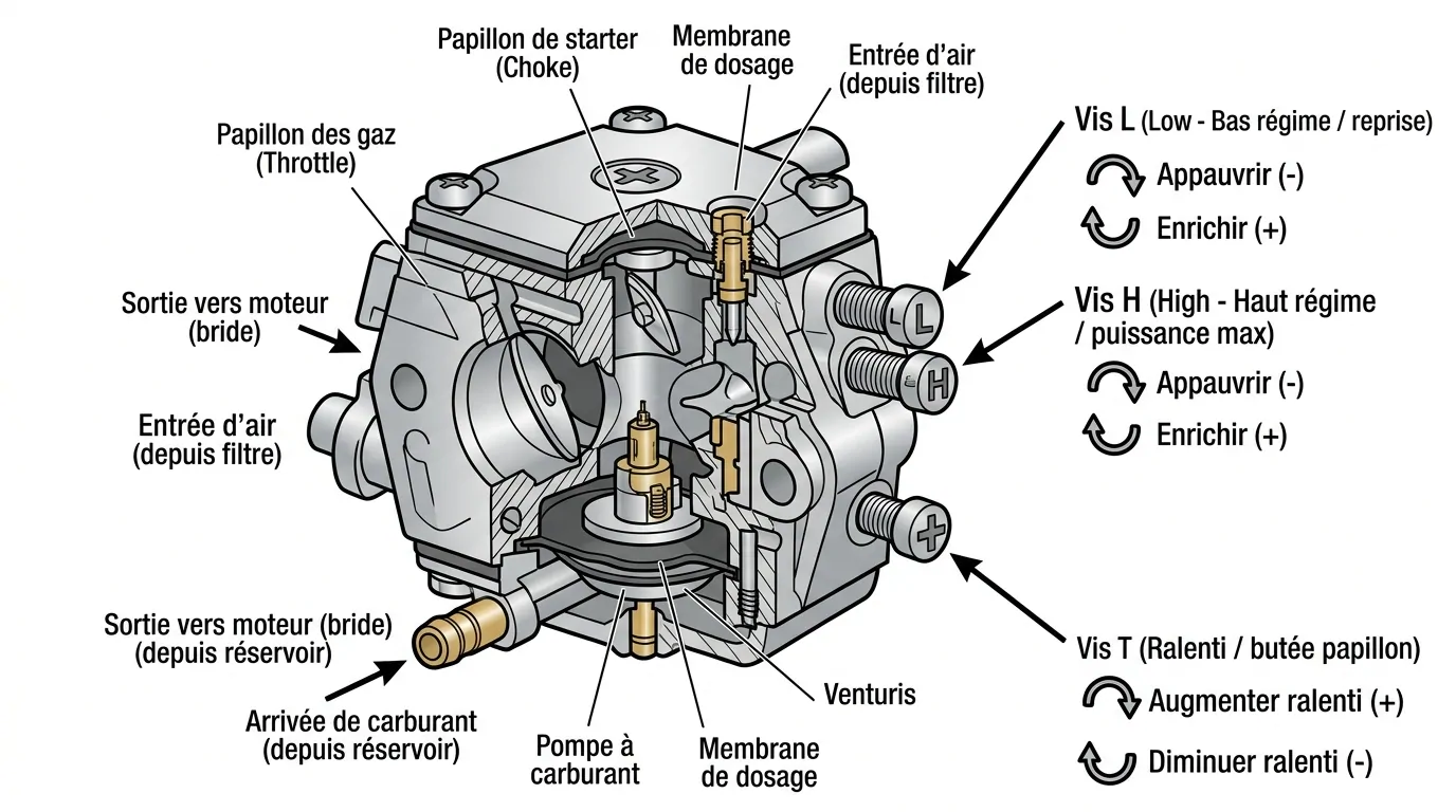 Schéma en coupe d'un carburateur de tronçonneuse situant les vis L, H et T et le sens pour enrichir ou appauvrir