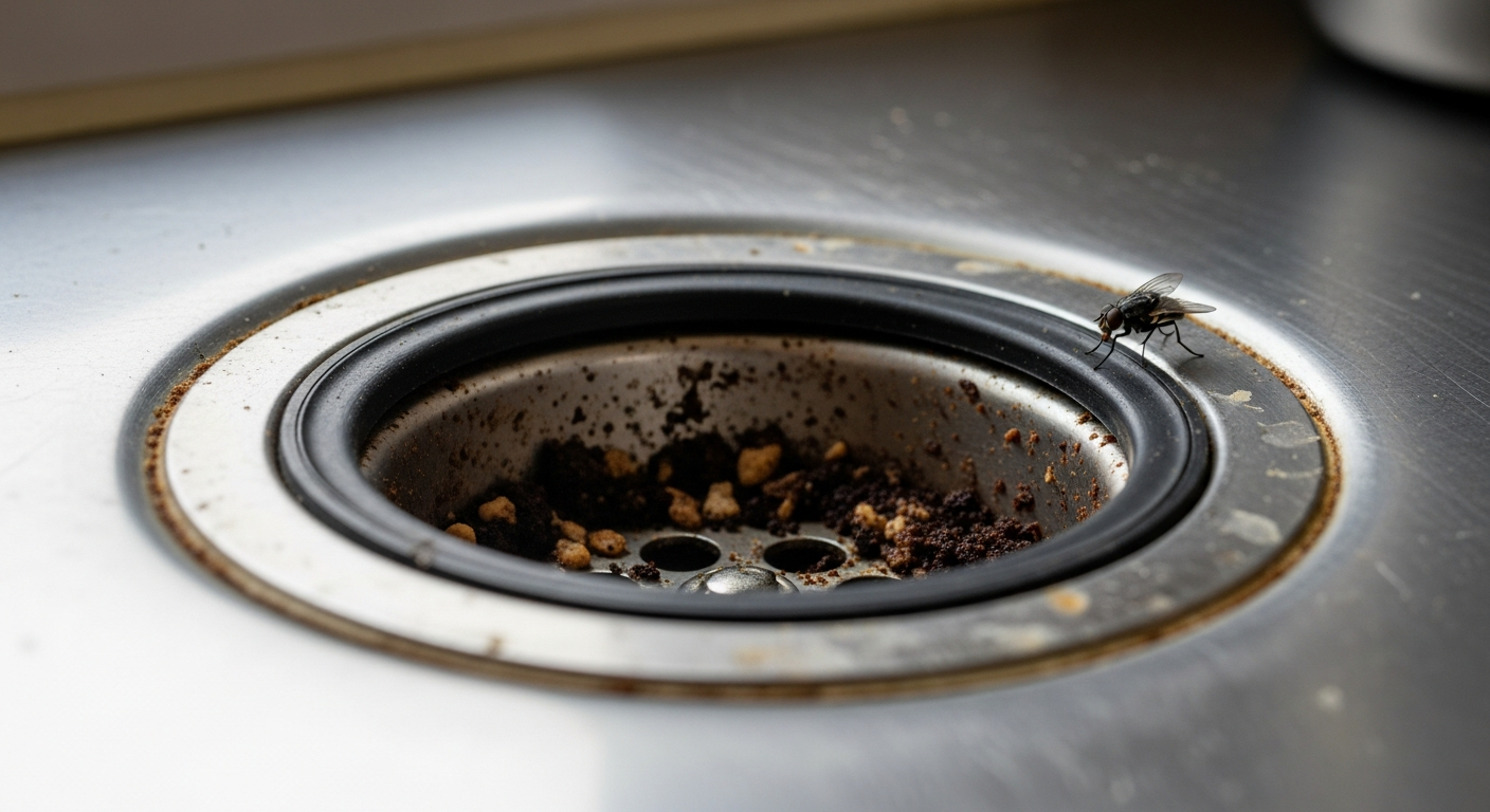 Siphon de cuisine avec résidus matière organique point de ponte mouche