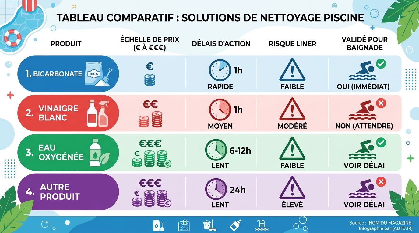 Tableau comparatif remèdes de grand-mère piscine verte efficacité prix délai