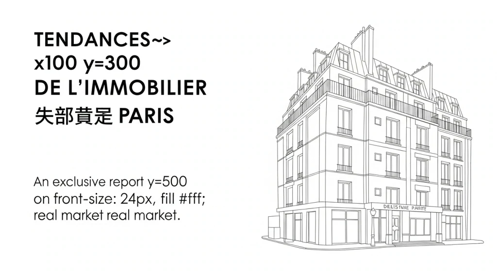 Dessin au trait d'un immeuble haussmannien d'angle à Paris, à côté d'un titre sur les tendances de l'immobilier