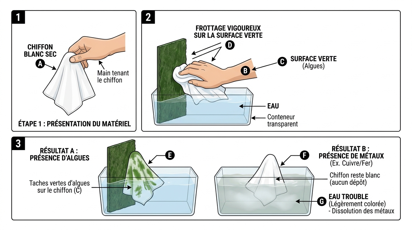 Schéma test chiffon blanc différencier algues métaux eau piscine verte