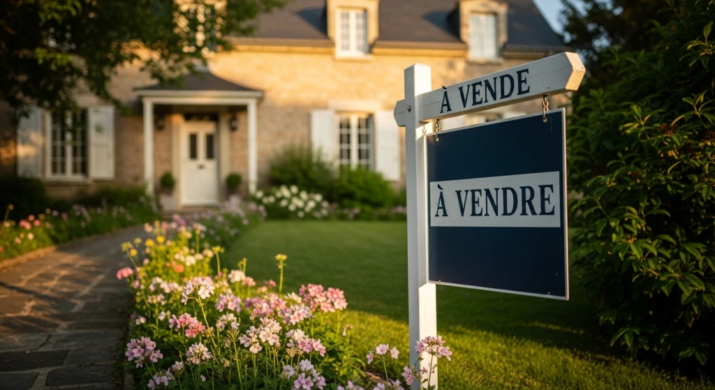 Panneau À vendre planté sur la pelouse fleurie d'une maison en pierre aux volets blancs, à la lumière du soir