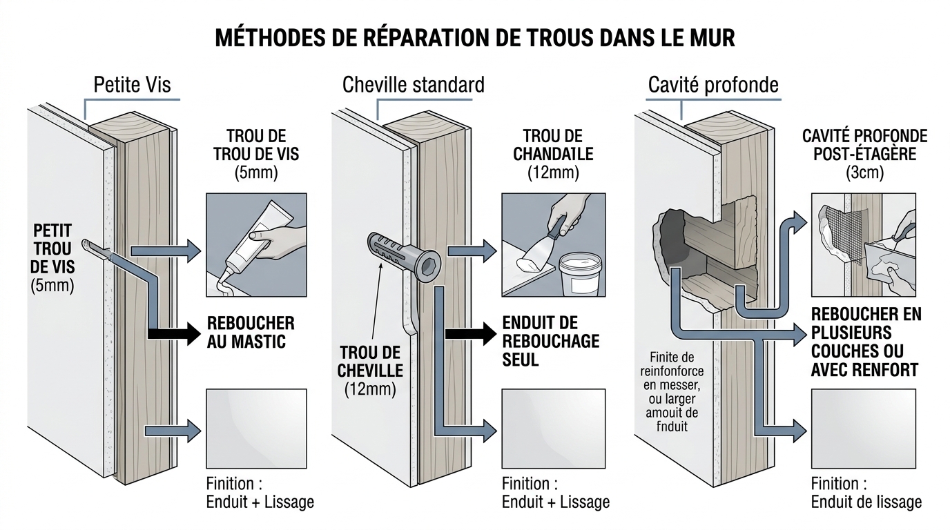 Schéma des 3 tailles de trous dans un mur et méthodes de rebouchage adaptées