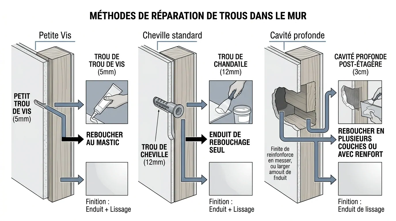 Schéma des 3 tailles de trous dans un mur et méthodes de rebouchage adaptées