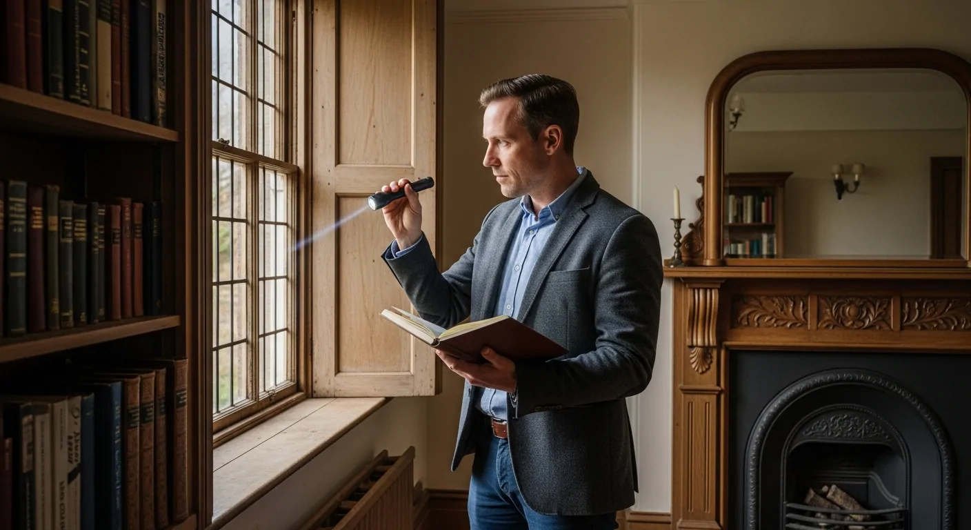 Homme en blazer examinant à la lampe torche l'encadrement d'une fenêtre ancienne, livre en main, près d'une cheminée sculptée