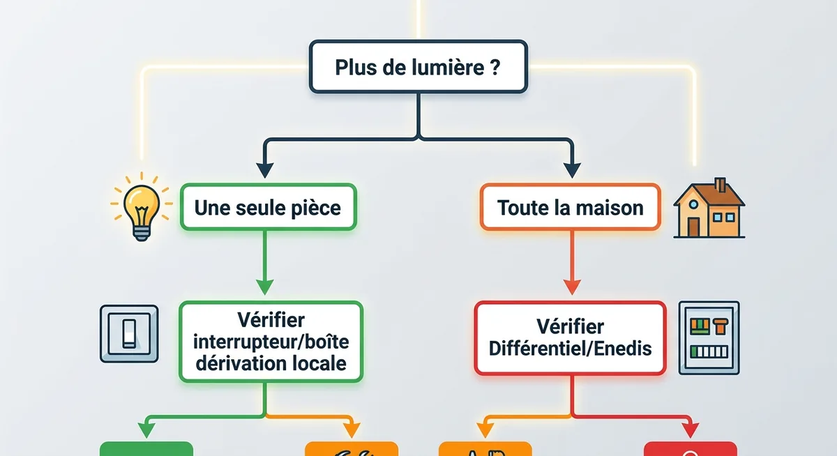 Infographie arbre décision diagnostic panne électrique une pièce ou maison