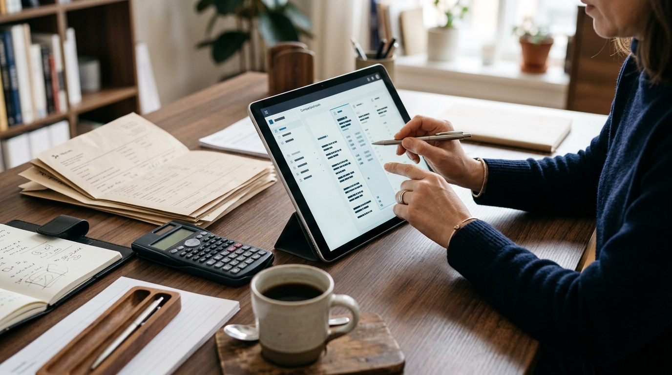Comparaison des offres d'assurance habitation sur tablette avec calculatrice et documents