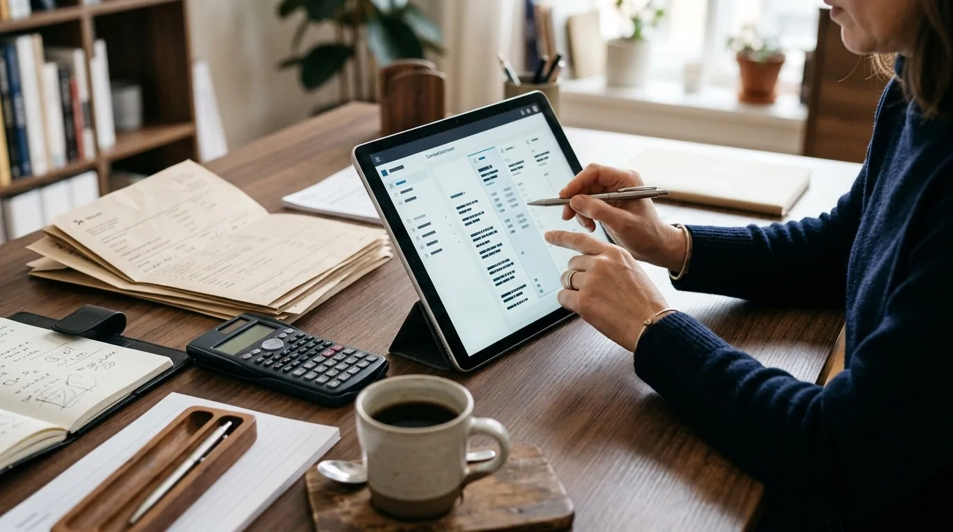 Femme comparant des offres sur une tablette au stylet, à côté d'une calculatrice, de dossiers papier et d'une tasse de café