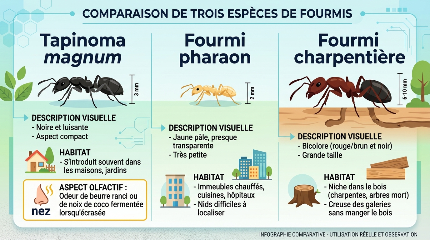 Comparaison visuelle Tapinoma magnum, fourmi pharaon et charpentière à échelle réelle