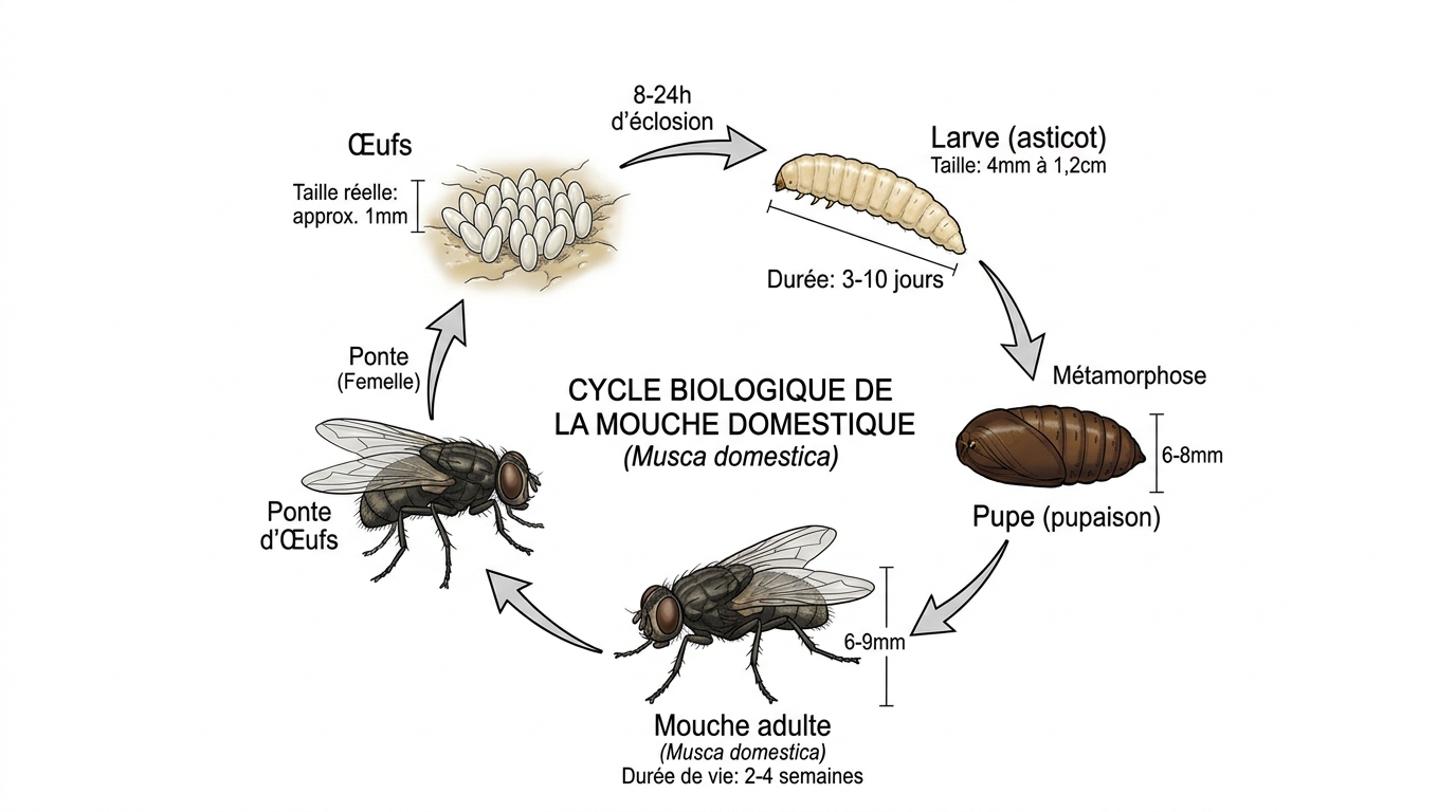 Schéma cycle de vie asticot mouche domestique œuf larve pupe