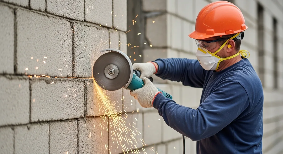Découpe mur pierre avec disque diamant et EPI