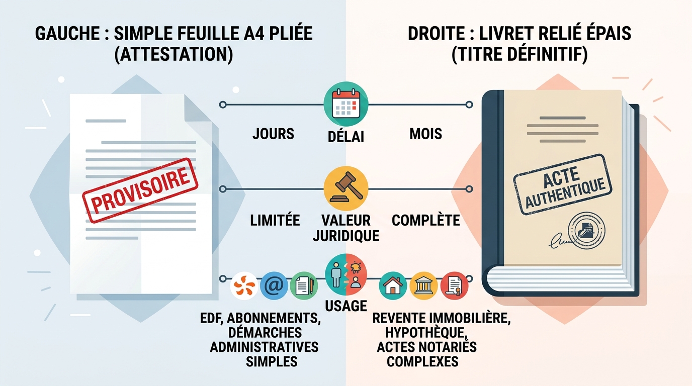 Différence visuelle entre attestation de propriété A4 et titre définitif livret