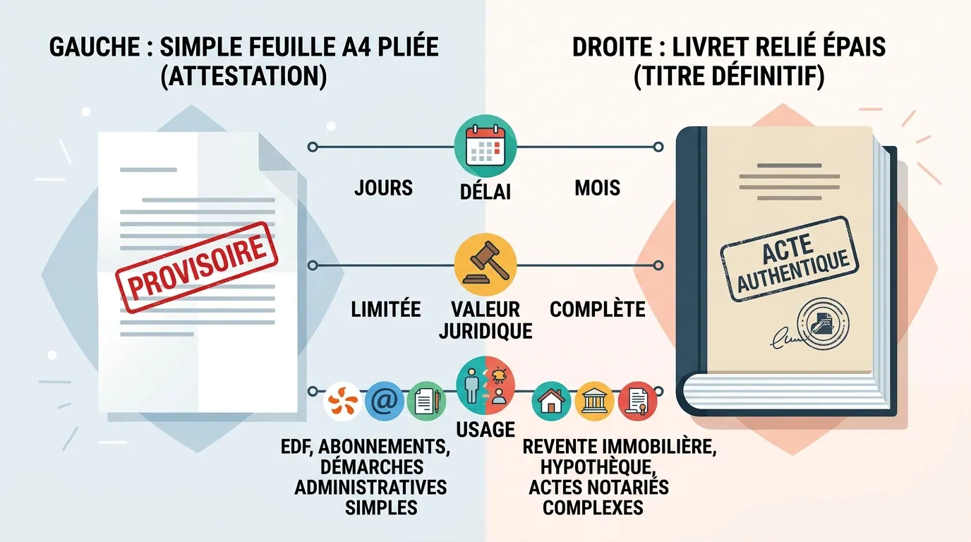 Infographie opposant l'attestation de propriété, simple feuille A4 provisoire, au titre définitif relié, acte authentique