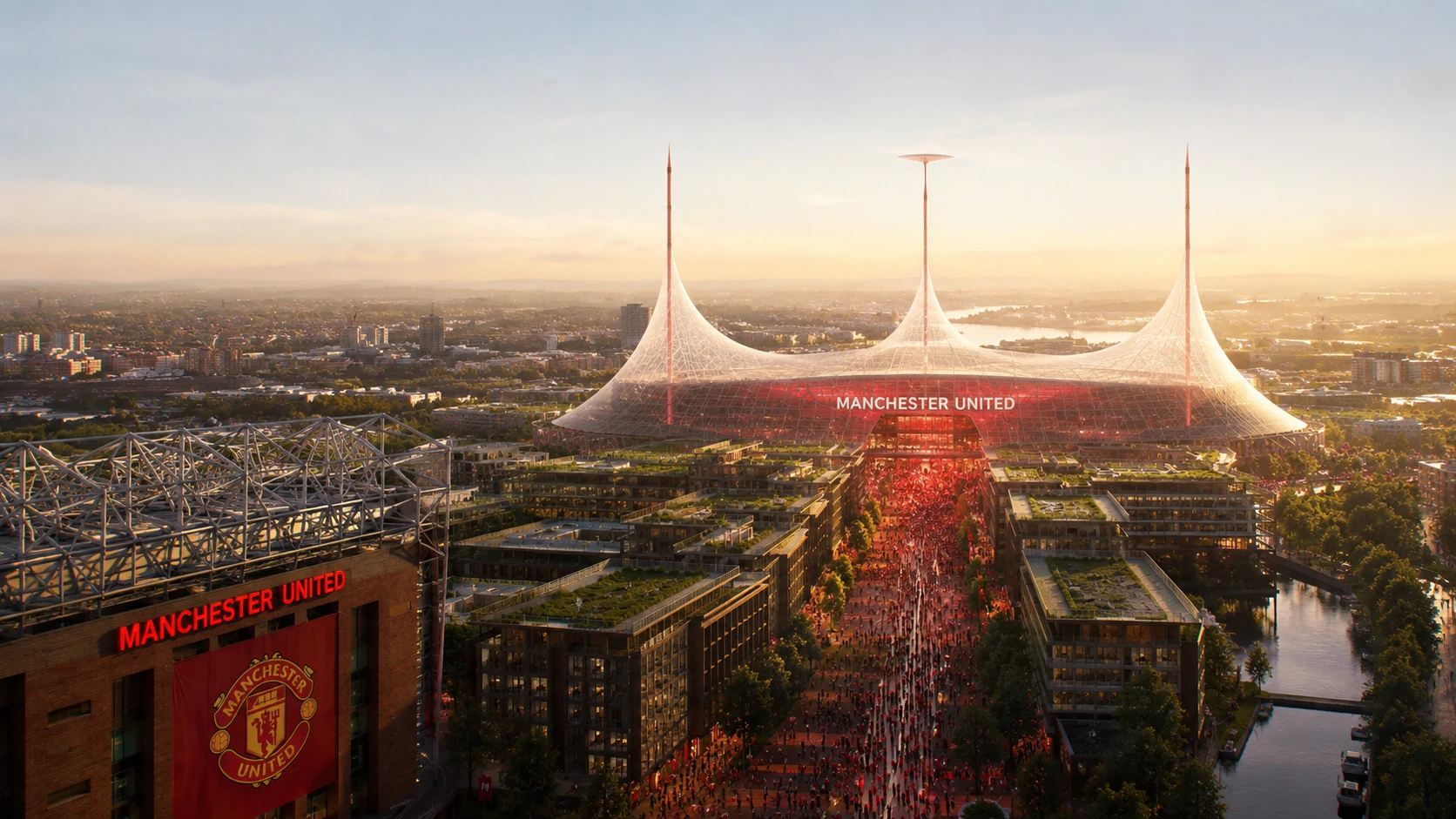 image Vue d'artiste du futur stade de Manchester United, toit blanc en chapiteau sur trois mâts, derrière la façade d'Old Trafford
