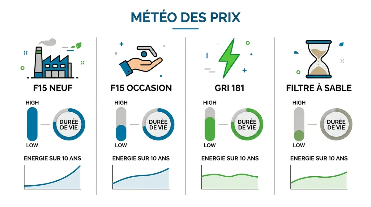 Infographie comparatif prix et consommation F15 neuf occasion GRI 181 filtre à sable