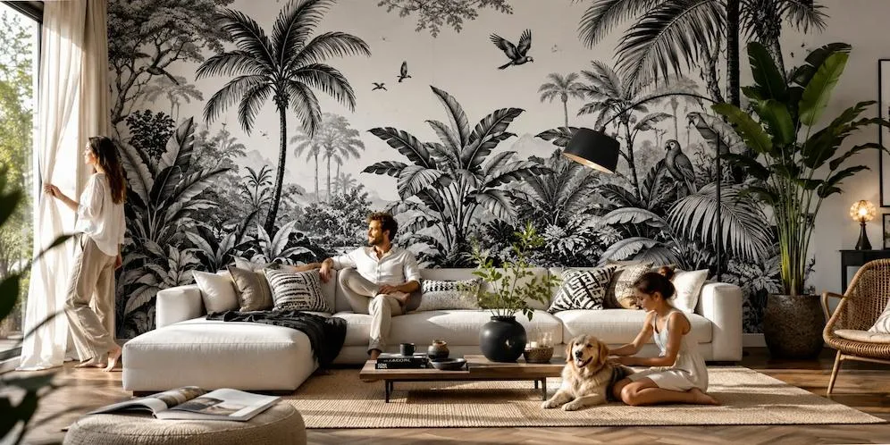 Salon tapissé d'un papier peint panoramique noir et blanc à palmiers et oiseaux, avec canapé blanc et chien sur le tapis