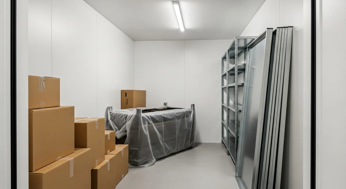 Box de stockage aux murs blancs avec cartons empilés, meuble bâché de plastique, étagère métallique et panneaux vitrés debout