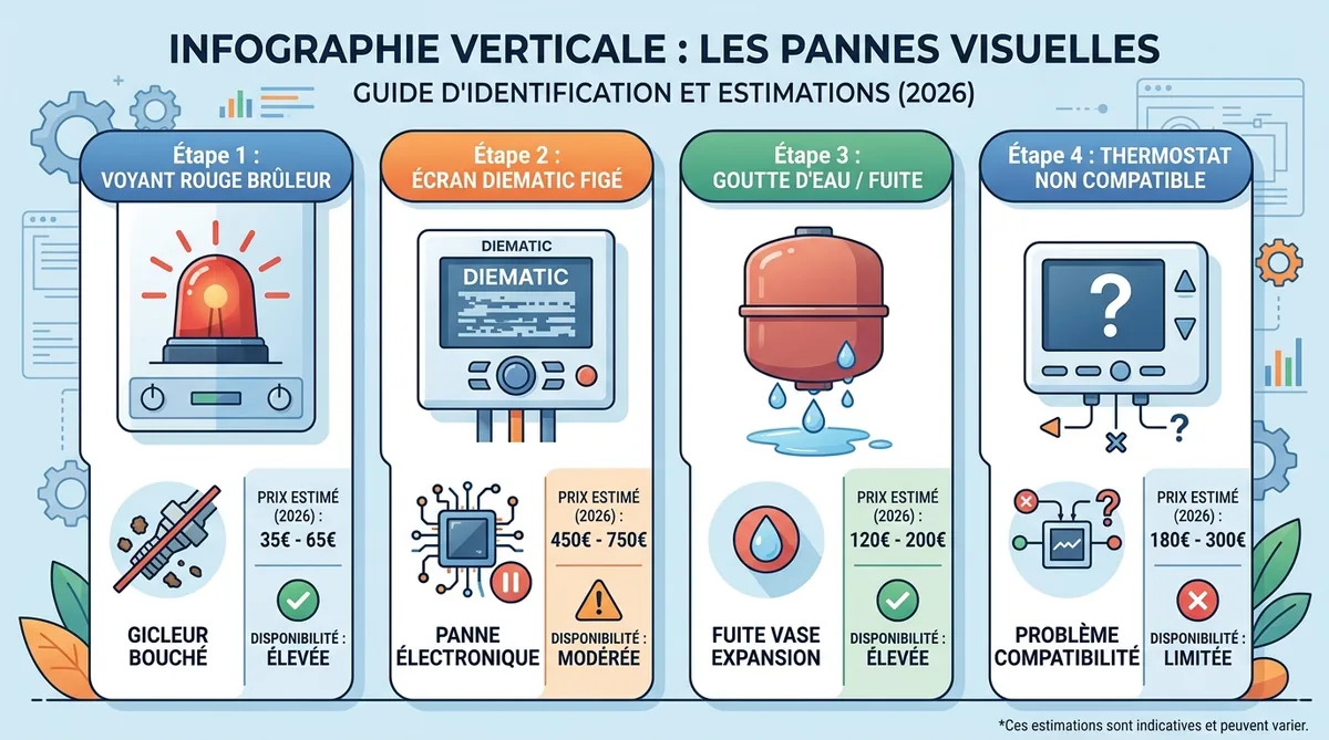 Infographie 4 pannes typiques chaudière De Dietrich 1990 et coûts pièces 2026