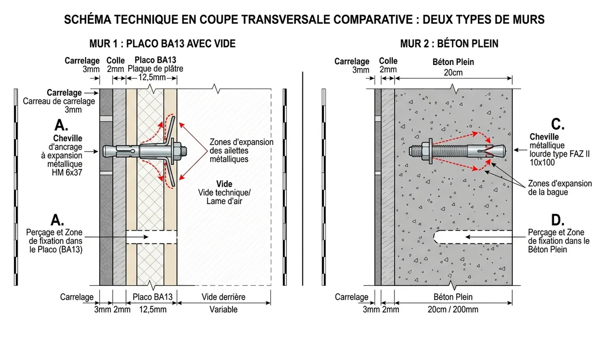 Schéma coupe mur carrelage sur placo vs mur plein béton