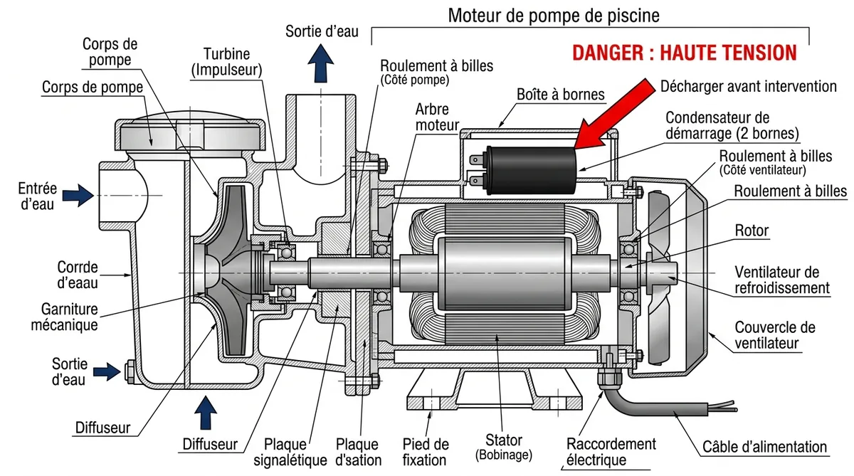 Schéma condensateur pompe piscine sécurité décharge électrique