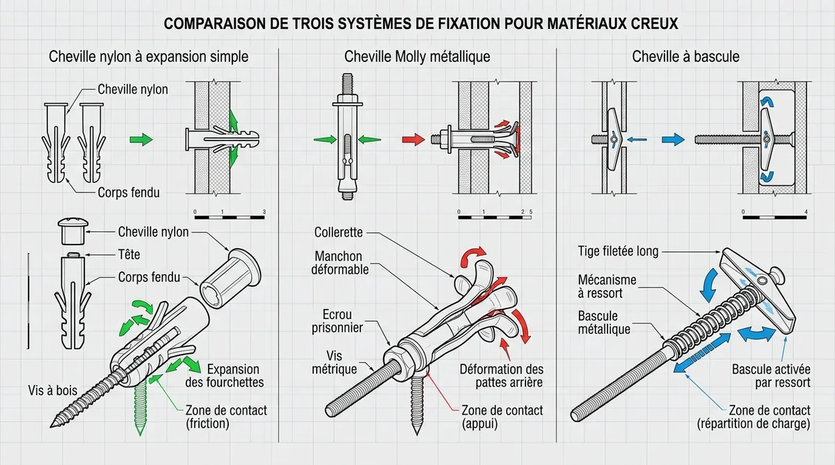 Schéma mécanisme chevilles nylon Molly et bascule pour carrelage