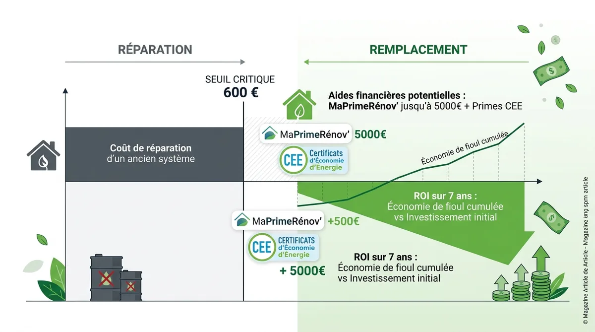Graphique seuil rentabilité réparation remplacement chaudière fioul 600 euros