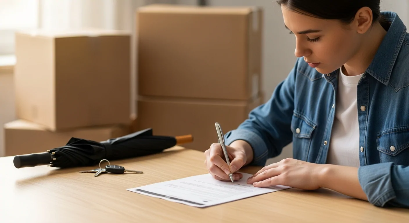 signature-contrat-assurance-habitation-locataire-jpg Jeune femme signant un contrat près d'un parapluie et d'un trousseau de clés, cartons de déménagement derrière elle