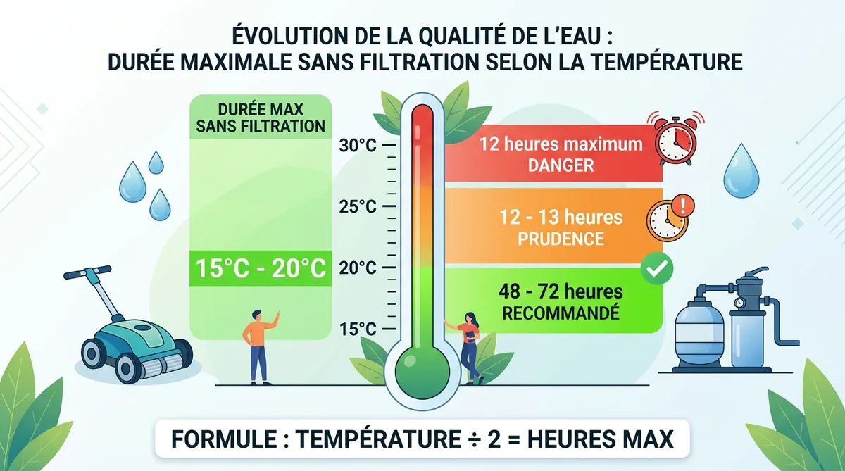 Tableau durée max pompe piscine en panne selon température eau
