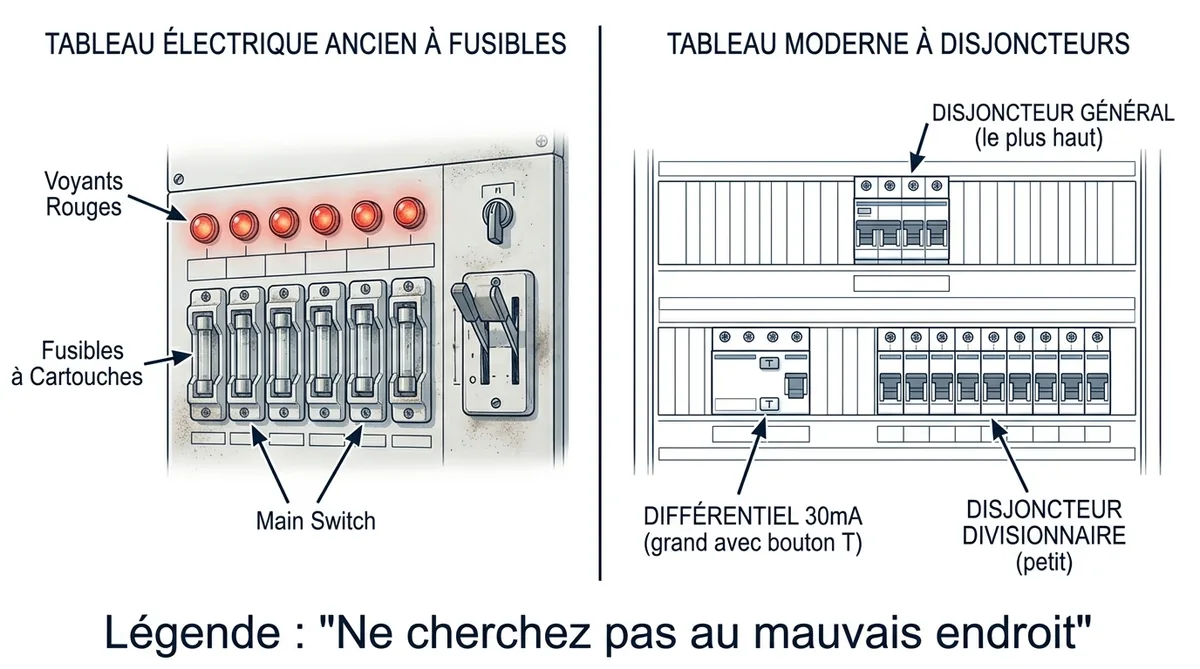 Schéma différence tableau électrique fusibles et disjoncteurs modernes