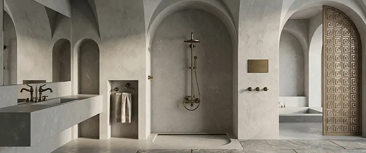 Salle de bain voûtée en enduit gris clair, colonne de douche bronze dans une alcôve et vasque double à robinets bronze
