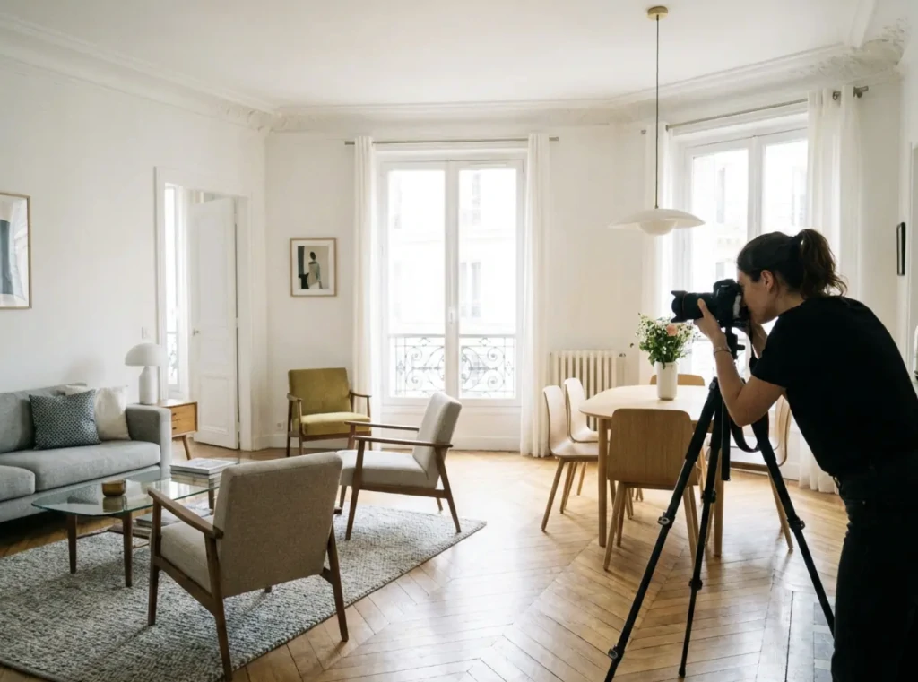 Photographe sur trépied cadrant le séjour lumineux d'un appartement au parquet en point de Hongrie et aux moulures