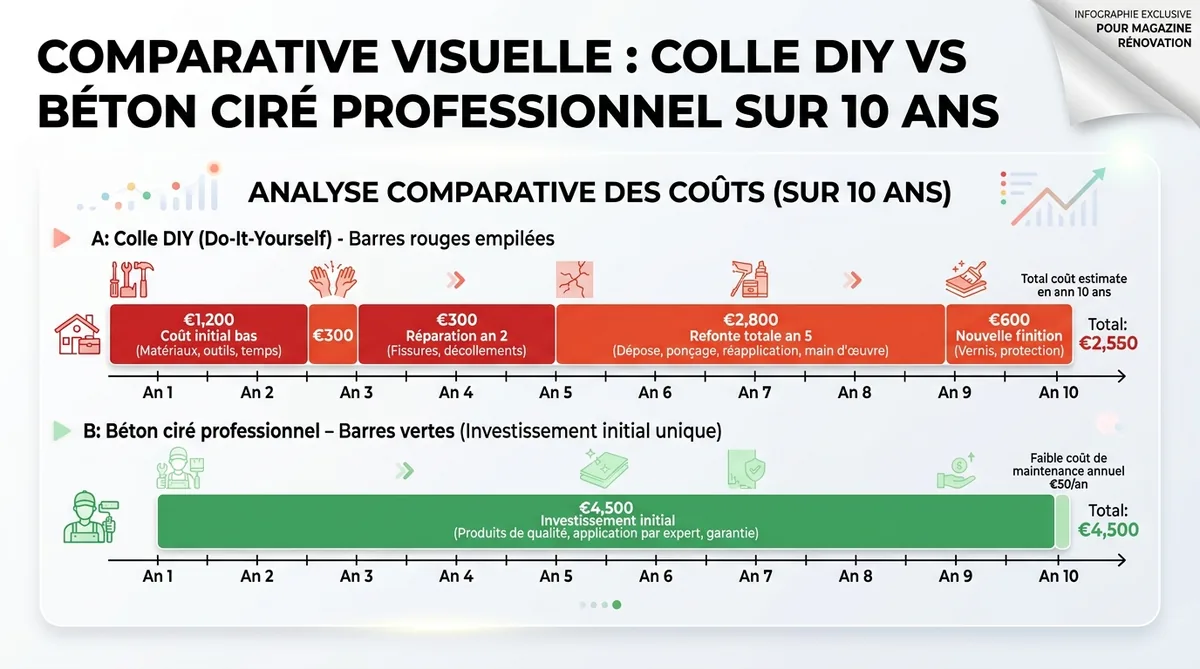 Infographie comparaison coût total sol colle vs béton ciré sur 10 ans