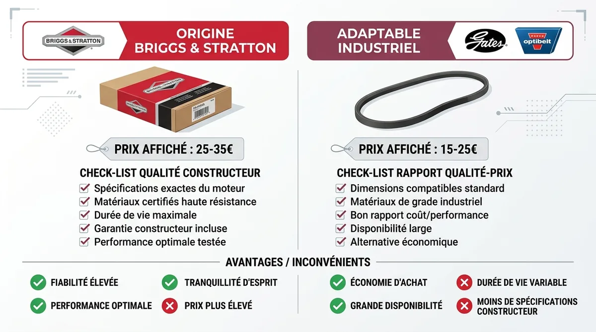 Comparatif visuel courroie origine Briggs Stratton vs adaptable Gates prix 2026