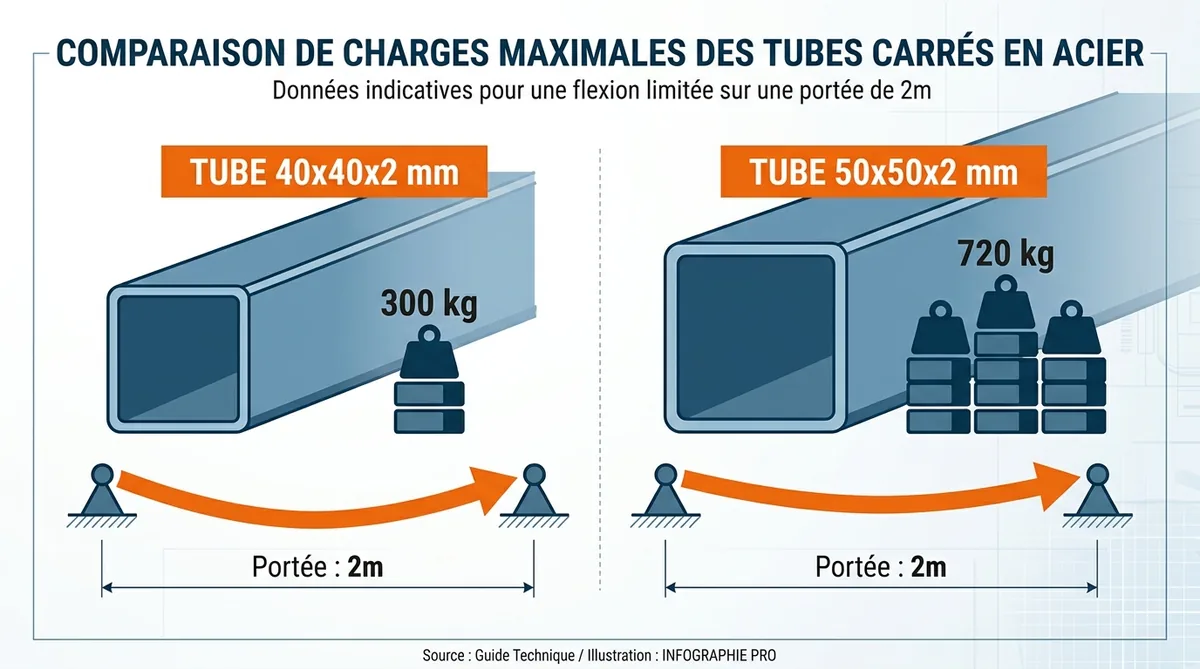 Comparatif charges admissibles tube acier 40x40 et 50x50