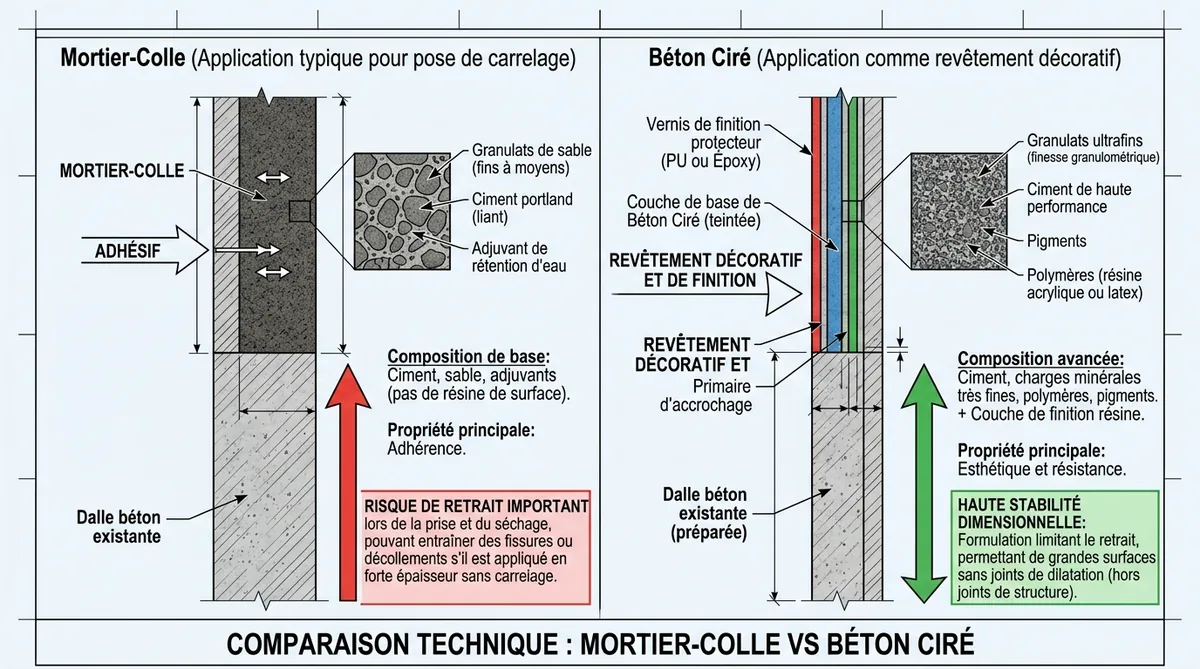 Schéma comparant composition mortier-colle et béton ciré en coupe technique