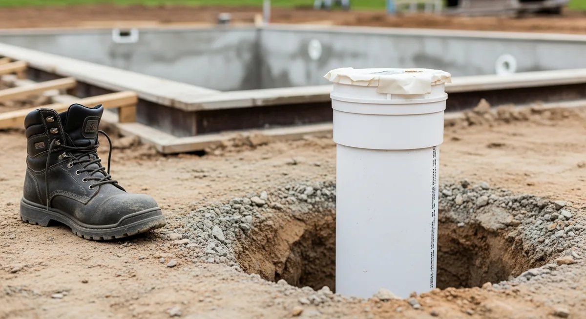 Installation tube PVC puit décompression piscine chantier