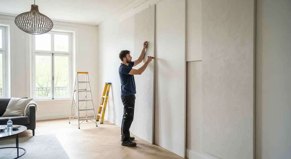 Artisan posant un mur tendu blanc sur profilés aluminium