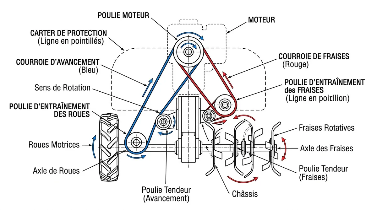 Schéma différence courroie avancement et fraises motobineuse Briggs Stratton
