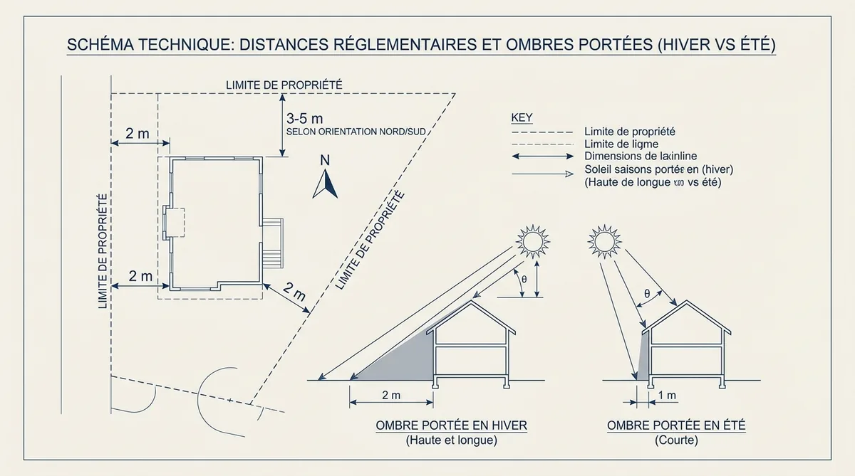 Schéma distances plantation cyprès près maison selon orientation soleil