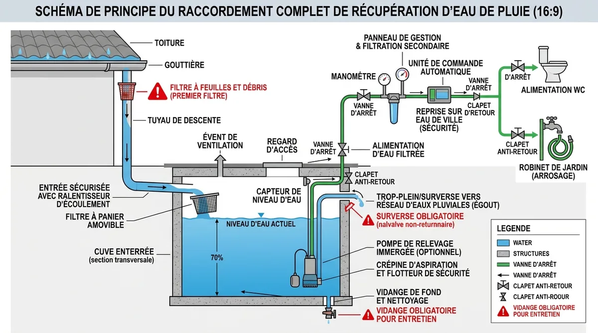Schéma raccordement cuve fioul transformée en récupérateur eau de pluie